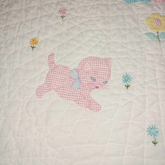 Vintage Handmade Hand Quilted Baby Quilt Dog Kitty Gingham - Picture 6 of 8